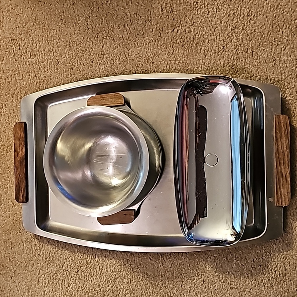 3 MCM Trays Stainless Steel Teak Mid Century Serving Set